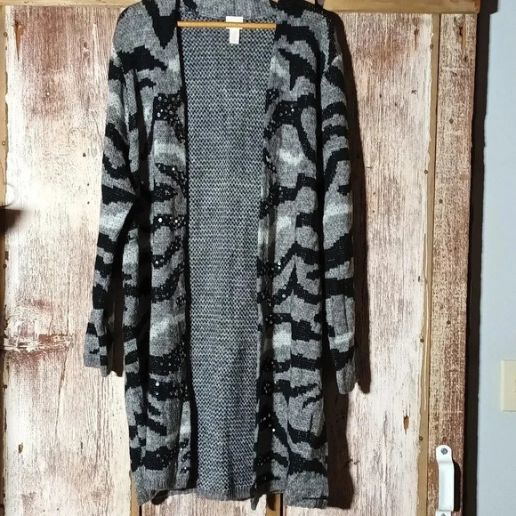 Chico's Sweaters - Chico's Jovi long line cardigan camo animal gray sequins wool mohair blend XL
